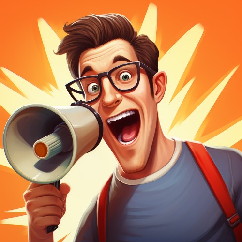 A cartoonish man with short brown hair and glasses wearing suspenders is yelling excitedly into a megaphone.